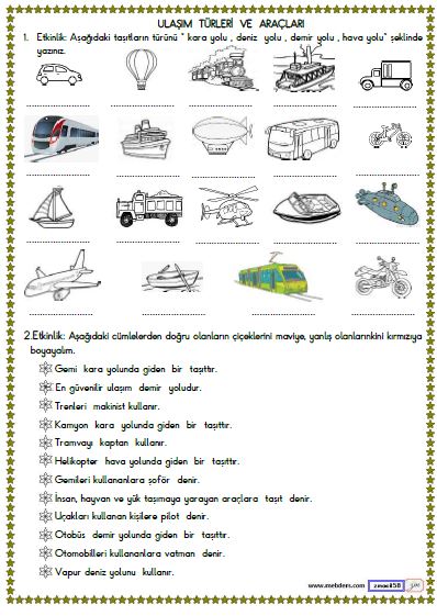 2. Sınıf Hayat Bilgisi Ulaşım Türleri ve Araçları Etkinliği